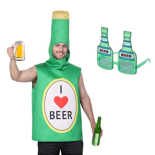 Bierflaschenkostüm für Erwachsene mit neuartiger Biersonnenbrille, lustiger Kostümanzug, Overall, Junggesellenabschied, Halloween, Weihnachtsfeier, Verkleidung, Unisex-Obst-Outfit für Männer und Fraue von HarnyLoom