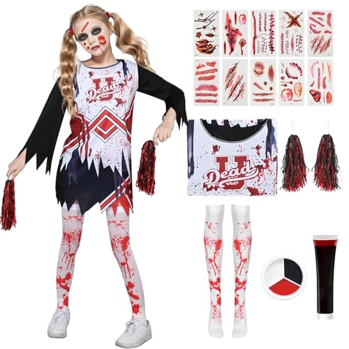 Cheerleader Kostüm Kinder Zombie Cheerleader Kostüm Mädchen Cheerleading Outfit Horror mit Pompoms Blutige Aufkleber Socken Haarnadel Halloween Party (M (7–8 Jahre)) von HarnyLoom