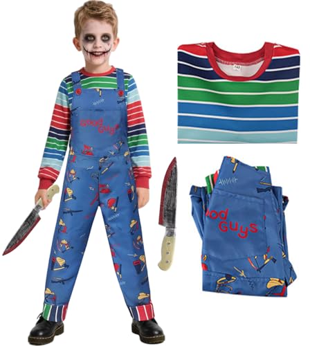 Chucky Kostüm Kinder Erwachsene, Chucky Outfit Oberteile Overall Gruselig Killer Kostüm Jungen Mädchen für Halloween Karneval Party (Kinder, 130 (4–6 Jahre)) von HarnyLoom