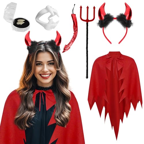 Dämon Kostüm Damen Robe Dämonen Hörner Roter Teufel Halloween Kostüm - Kopfschmuck Zahnprothese Teufelsumhang Teufelshörner Teufelsschwanz Teufelsgabel Rollenspiel Outfit Halloween von HarnyLoom