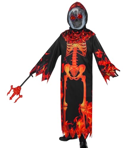 Feuer Sensenmann Kostüm Kinder, Halloween Teufelsskelett Kapuzenumhang mit Handschuhen Totenkopf Gesichtsmaske Halloween Rote Heugabel Sensenmann Robe Halloween Partykleid Outfit Umhang Cosplay (S) von HarnyLoom