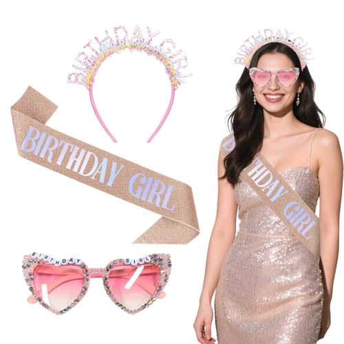 Geburtstagskrone und Schärpe für Mädchen Damen, Krone Geburtstag Königin Crown Gläser Tiara für Alles Gute zum Geburtstag Geburtstag Party Deko Zubehör (Mädchen) von HarnyLoom