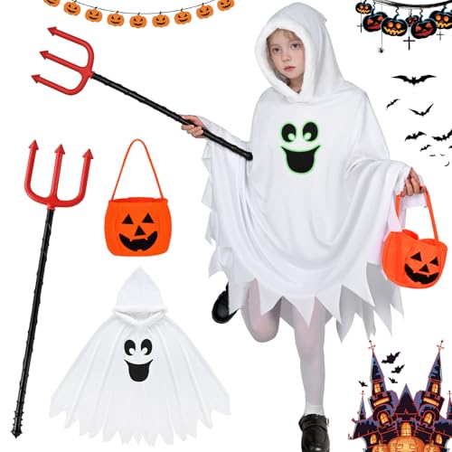 Gespenst Kostüm für Kinder, Halloween Geister Outfit Mädchen, Glow in the Dark Umhang Mit Kapuze und Teufelsgabel von HarnyLoom