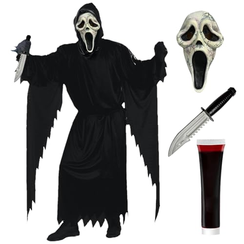 Ghostface Kostüm Scream Halloween Maske Erwachsene Kinder Ghost Face Herren Outfit Scary Movie Kostüm Gürtel Handschuhe Cosplay Karneval (Kinder, S) von HarnyLoom