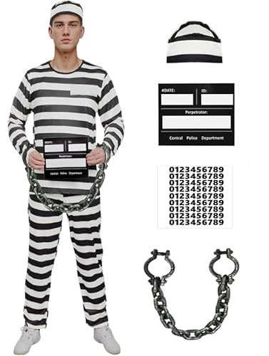 Häftling Kostüm Herren Sträfling Gefangener Kostüm Erwachsene Knast Outfit Gefängniskostüm Prison Costume Cosplay Karneval Halloween (M) von HarnyLoom