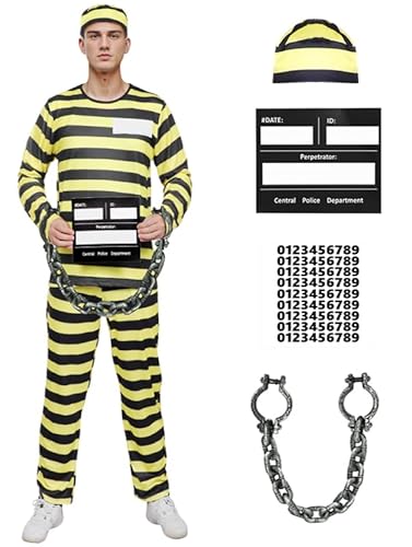 Häftling Kostüm Herren Sträfling Knast Outfit Erwachsene Gefängnis Kostüm Prison Costume Cosplay Karneval Halloween (2XL) von HarnyLoom