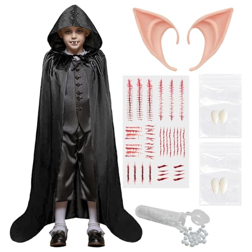 Vampir Kostüm Umhang Kinder Erwachsene Dracula Mädchen Halloween Kleid Gruselig Vampirkostüm Mittelalter Tattoos DenturesGotisch Karneval Cosplay Party (Schwarz, L) von HarnyLoom