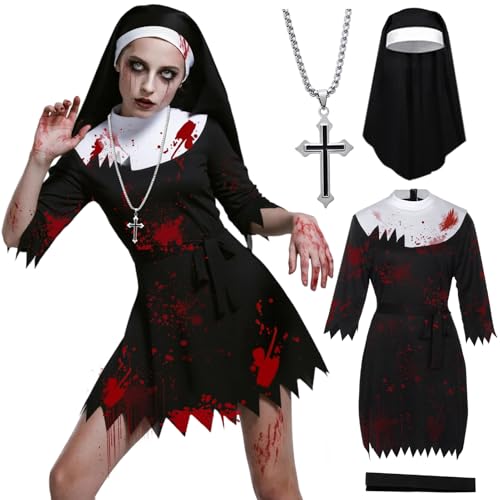 Halloween Zombie Nonnen Kostüm, Schwarzes Kleid, Kreuz Kette, Nonnen Kopfbedeckung, Gruselig Nonnenkostüm Damen, Halloween Zombie Outfit, Faschingskostüme Damen (L) von HarnyLoom