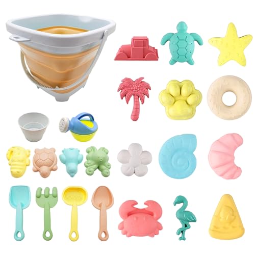 HarnyLoom 23 Stück Strandspielzeug Set, Sand Spielzeug mit Eimer und Schaufel, Falteimer Kinder mit Form, Strand Spielzeug Kinder für Drinnen und Draußen (Orange) von HarnyLoom
