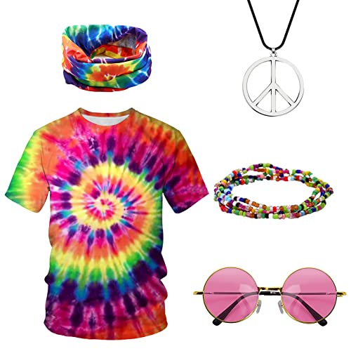 HarnyLoom 70er Jahre Kostüm Damen Herren, 60er 80er Jahre Hippie Kostüm mit T-Shirt Brille Peace Kette Stirnband Disco Outfit Kleidung Karneval Faschingskostüme Party (Mehrfarbig, XL) von HarnyLoom