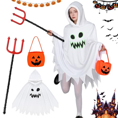 Gespenst Kostüm für Kinder, Halloween Geister Outfit Mädchen, Glow in the Dark Umhang Mit Kapuze und Teufelsgabel von HarnyLoom