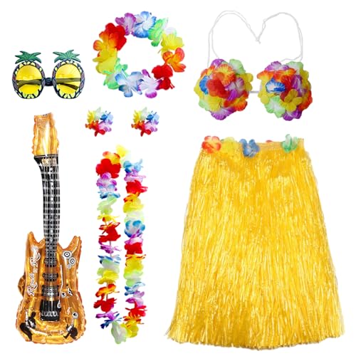 HarnyLoom Hawaii Outfit Damen Männer, Hawaiian Gras Röcke Kostüm mit Hula Rock Blumenketten Blumen Stirnband Armband für Hawaii Deko Tropische Strand Party (1-teilig-Gold-Damen) von HarnyLoom