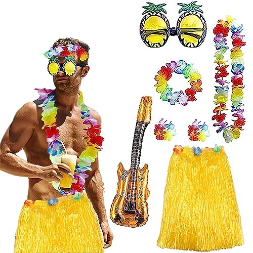 HarnyLoom Hawaii Outfit Damen Männer, Hawaiian Gras Röcke Kostüm mit Hula Rock Blumenketten Blumen Stirnband Armband für Hawaii Deko Tropische Strand Party (1-teilig-Gold-Herren) von HarnyLoom