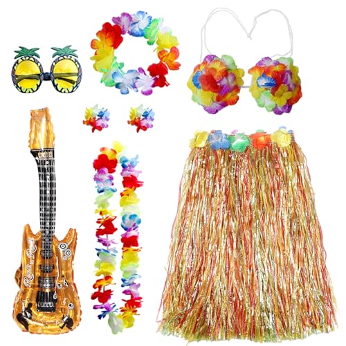HarnyLoom Hawaii Outfit Damen Männer, Hawaiian Gras Röcke Kostüm mit Hula Rock Blumenketten Blumen Stirnband Armband für Hawaii Deko Tropische Strand Party (1-teilig-Mehrfarbig-Damen) von HarnyLoom