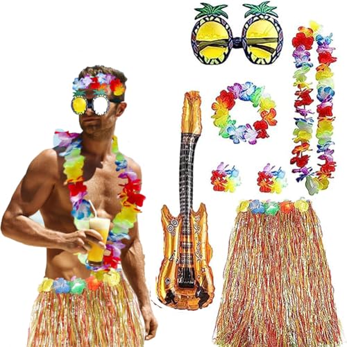 HarnyLoom Hawaii Outfit Damen Männer, Hawaiian Gras Röcke Kostüm mit Hula Rock Blumenketten Blumen Stirnband Armband für Hawaii Deko Tropische Strand Party (1-teilig-Mehrfarbig-Herren) von HarnyLoom