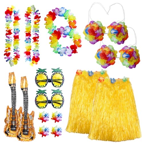 HarnyLoom Hawaii Outfit Damen Männer, Hawaiian Gras Röcke Kostüm mit Hula Rock Blumenketten Blumen Stirnband Armband für Hawaii Deko Tropische Strand Party (2-teilig-Gold- Damen) von HarnyLoom