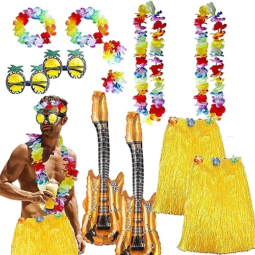 HarnyLoom Hawaii Outfit Damen Männer, Hawaiian Gras Röcke Kostüm mit Hula Rock Blumenketten Blumen Stirnband Armband für Hawaii Deko Tropische Strand Party (2-teilig-Gold-Herren) von HarnyLoom