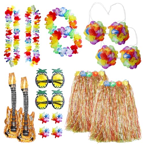 HarnyLoom Hawaii Outfit Damen Männer, Hawaiian Gras Röcke Kostüm mit Hula Rock Blumenketten Blumen Stirnband Armband für Hawaii Deko Tropische Strand Party (2-teilig-Mehrfarbig-Damen) von HarnyLoom