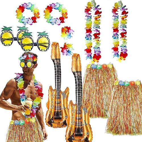 HarnyLoom Hawaii Outfit Damen Männer, Hawaiian Gras Röcke Kostüm mit Hula Rock Blumenketten Blumen Stirnband Armband für Hawaii Deko Tropische Strand Party (2-teilig-Mehrfarbig-Herren) von HarnyLoom