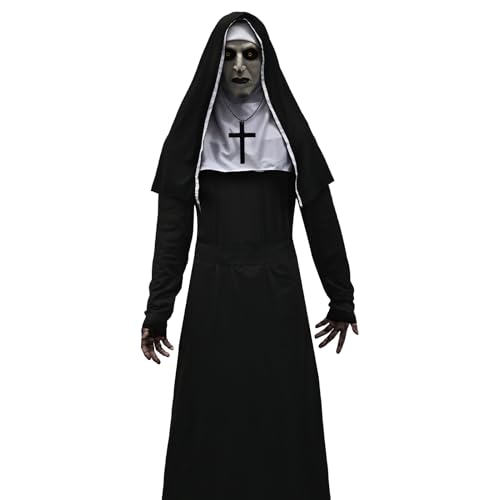 Nonnen Kostüm Damen Halloween Maske Nun Horror Nonnenkostüm Zubehör Outfit Gruselige Robe Kreuz Halskette Kopfbedeckung Kirche Cosplay (M) von HarnyLoom