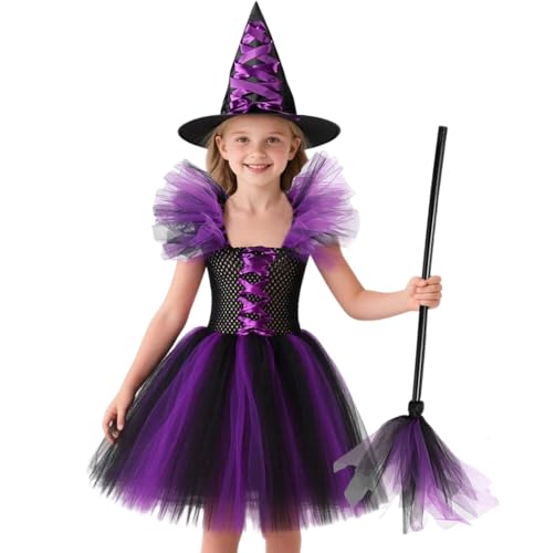 Hexenkostüm Mädchen Kinder Hexe Kostüm Halloween Tutu Hexenkleid Kleid Lila Hexenhut Besen Party Karneval (Lila, 110 (4-5 Jahre)) von HarnyLoom