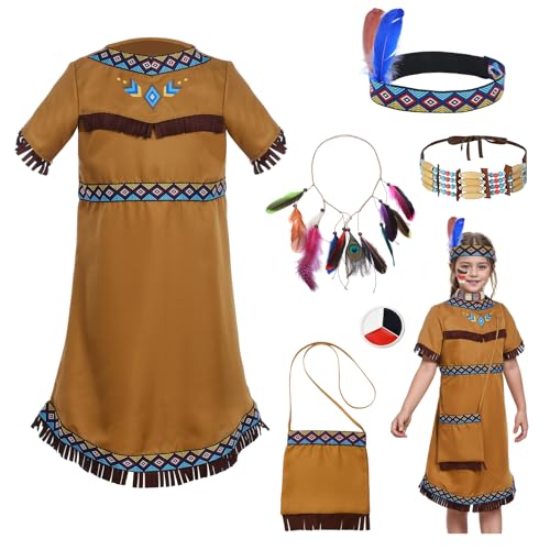 Indianer Kostüm Kinder Mädchen, Indianer Kleid Kinderkostüme mädchen mit Indianer Federn Kopfschmuck Taschen Accessoires, Karneval Kostüm Kinder Halloween Faschingskostüm (120 (5-7 Jahre)) von HarnyLoom