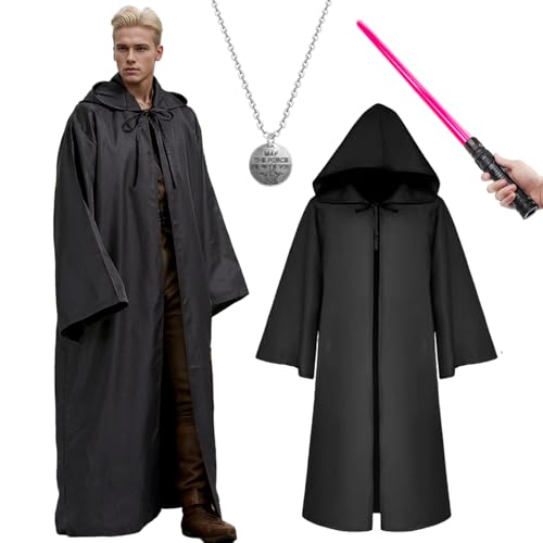 Jedi Kostüm Herren, Krieger Erwachsene Umhang Kapuze Schwarz Braun Mittelalterlich Hoodies Accessoire Spielzeugschwert Halloween Karneval Cosplay(Schwarz, L) von HarnyLoom