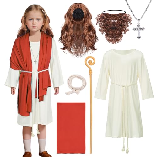 Jesus Kostüm Kinder Biblische Religiöse Kleid Christ Saint Robe Junge Mädchen Cosplay-Kostüm Hirte Dreilagige Kreuzkette Schal Halloween (Rot/Weiß, M) von HarnyLoom