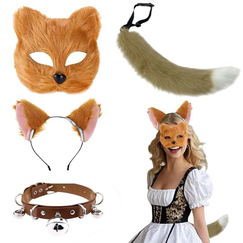 Katze Fuchs Wolf Maske Schwanz Furry Kostüm Flauschige, Leder Halskette Plüschmaske Set Accessoire Karneval Halloween Party Cosplay für Kinder Erwachsene (Braun) von HarnyLoom