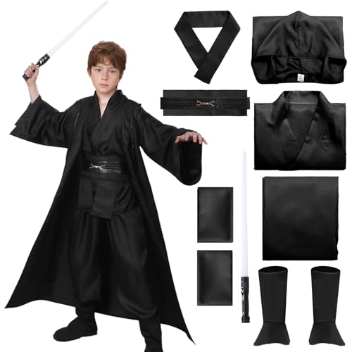 Kostüm Herren Kinder Krieger Kostüm Umhang Kapuze Schwarz Braun Robe Mittelalterlich Tunika Hoodies Karneval Halloween Cosplay (Schwarz, 150) von HarnyLoom