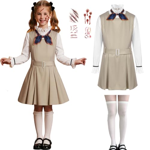 Megan Kostüm Kinder, M3gan Kostüm Mädchen Halloween Horror Film Outfit Accessoires Socken Krawatte Cosplay Karneval Party (120 (5–6 Jahre)) von HarnyLoom