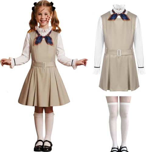 Megan Kostüm Kinder, M3gan Kostüm Mädchen Halloween Horror Film Outfit Accessoires Socken Krawatte Cosplay Karneval Party (130 (7–8 Jahre)) von HarnyLoom