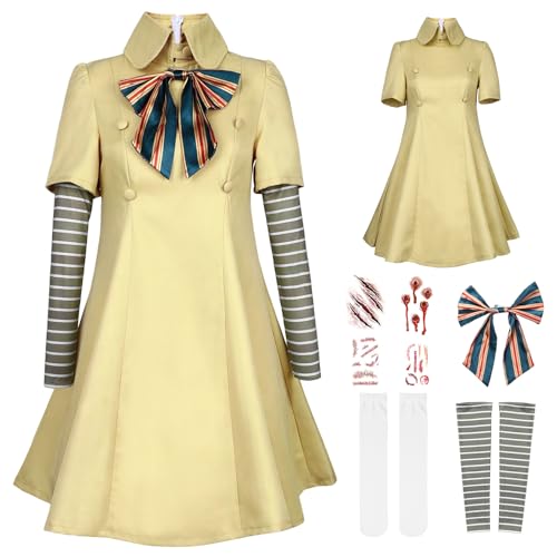Megan Kostüm Kinder, M3gan Kostüm Mädchen Halloween Horror Film Outfit Accessoires Socken Tattoo Aufkleber Cosplay Karneval Party für Mädchen 3–12 Jahre (130 (7–8 Jahre)) von HarnyLoom