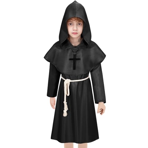 Mönch Kostüm Junge Kind Herren Halloween Priester Mönchskutte Robe Kapuze Renaissance Mönchskutte Mittelalter Outfit Kapuze Karneval Party Cosplay (Schwarz, 150) von HarnyLoom