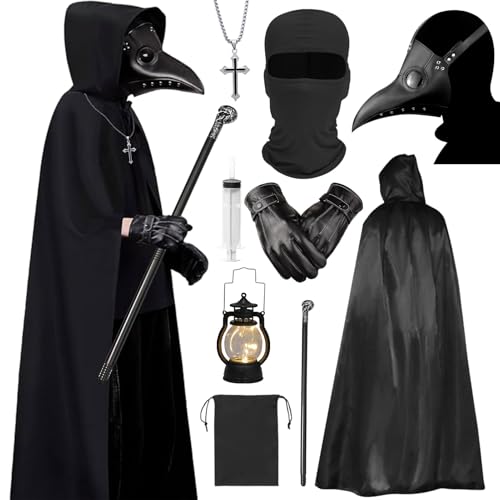 Pestdoktor Kostüm - 10 Pcs Plague Doctor Costume Pest Doktor Kostüm Herren Maske Steampunk Pestarzt mit Kapuze, Halloween Karneval Horror Outfits Erwachsene, Kreuz-Halskette Zepter von HarnyLoom