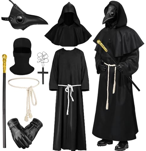 Pestdoktor Kostüm Herren - Plague Doctor Maske Costume Pest Doktor Kostüm Steampunk Pestarzt mit Kapuze, Halloween Karneval Horror Outfits Erwachsene, Kreuz-Halskette Zepter (Schwarz 1, M) von HarnyLoom