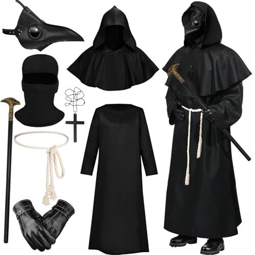 Pestdoktor Kostüm Herren - Plague Doctor Maske Costume Pest Doktor Kostüm Steampunk Pestarzt mit Kapuze, Halloween Karneval Horror Outfits Erwachsene, Kreuz-Halskette Zepter (Schwarz 1, XL) von HarnyLoom