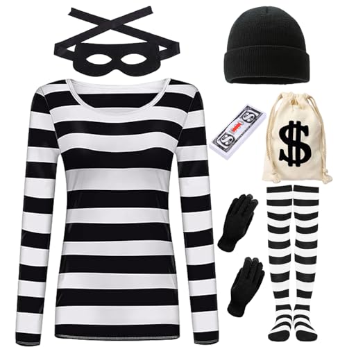 Räuber Kostüm Erwachsene Damen Herren Dieb Bankräuber Kostüm Schwarz Weiß T-Shirt Augenmaske Mütze Handschuhe Socken Taschen Zubehör Karneval Halloween Party Cosplay (Frauen, L) von HarnyLoom