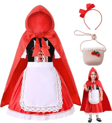 Rotkäppchen Kostüm Kinder Rot Umhang Mädchen Kleid mit Schürze Märchen Kapuzenumhang Stirnband Tasche Faschingskostüme Karneval Party Halloween (150) von HarnyLoom