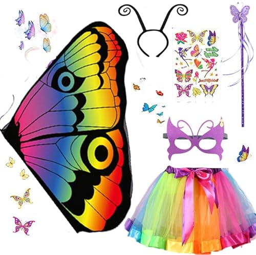 6 Stück Schmetterling Kostüm Kinder Mädchen, Schmetterlingflügel Fee Kostüm Umhang Tutu Stirnband Maske Feen Zauberstab Tattoos für Karneval Halloween Cosplay (Farbe) von HarnyLoom