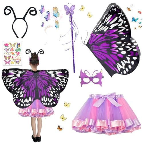 6 Stück Schmetterling Kostüm Kinder Mädchen, Schmetterlingflügel Fee Kostüm Umhang Tutu Stirnband Maske Feen Zauberstab Tattoos für Karneval Halloween Cosplay(Lila) von HarnyLoom