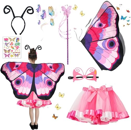 6 Stück Schmetterling Kostüm Kinder Mädchen, Schmetterlingflügel Fee Kostüm Umhang Tutu Stirnband Maske Feen Zauberstab Tattoos für Karneval Halloween Cosplay(Rosa) von HarnyLoom