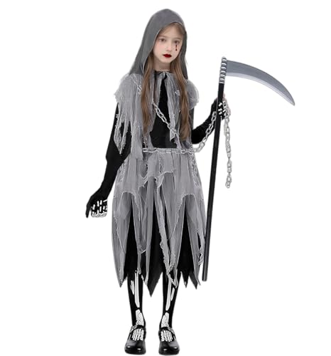 Sensenmann Kostüm Mädchen Kinder Sense Gruseliges Kettengürtel Handschuhe Socken Horror Robe Halloween Cosplay (M) von HarnyLoom