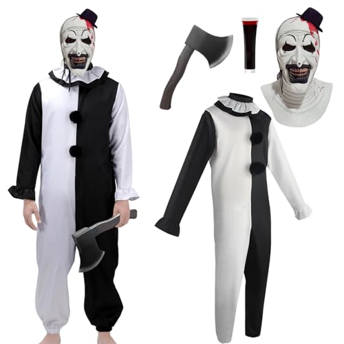 Terrifier Scary Killer Clown Kostüm Erwachsene Verkleidung & gruselige Maske Fake Blood Requisiten für Halloween Karneval Horror Anzug Set Art The Clown Cosplay Jumpsuit Bodysuit Outfits (2XL) von HarnyLoom