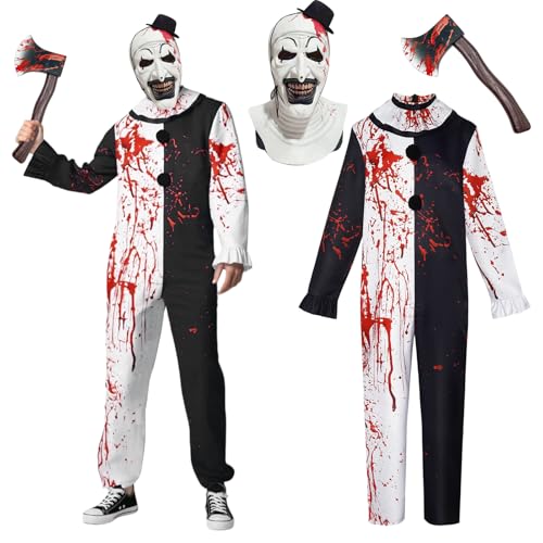 Terrifier Scary Killer Clown Kostüm Erwachsene Verkleidung & gruselige Maske Fake Blood Requisiten für Halloween Karneval Horror Anzug Set Art The Clown Cosplay Jumpsuit Bodysuit Outfits (S) von HarnyLoom