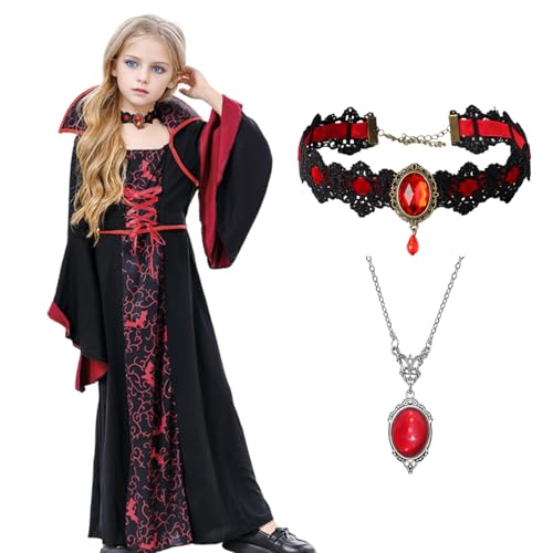 Vampir Kostüm für Kinder Mädchen - Halloween Set Mit Dracula Cosplay für Karneval Mottoparty (Rot, 140CM) von HarnyLoom