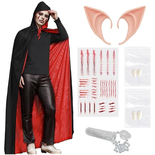 Vampir Kostüm Umhang Kinder Erwachsene Dracula Mädchen Halloween Kleid Gruselig Vampirkostüm Mittelalter Tattoos DenturesGotisch Karneval Cosplay Party (Rot/Schwarz, L) von HarnyLoom