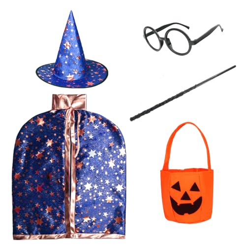 Zauberer Kostüm für Kinder Mädchen Umhang Halloween Hexenumhang Hut Kürbistasche Kinder Verkleidung Rollenspiel Requisiten Zubehör Set Cosplay Party (Blau) von HarnyLoom
