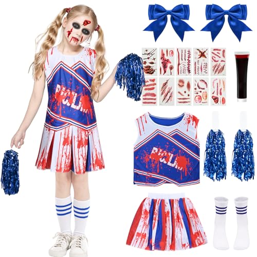 Zombie Cheerleader Kostüm Kinder Mädchen, Cheerleader Outfit Kleid Horror Blutige School Cheerleading Pompoms Socken Halloween Partys Cosplay (S (5-6 Jahre)) von HarnyLoom