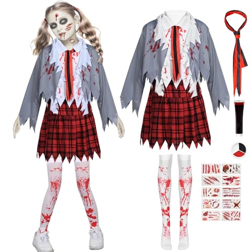 Zombie Kostüm Kinder Halloween Horror Blutiges Outfit Gruselig Kleid Mädchen Uniform Cheerleader Kostüm Socke Aufkleber Binden Party Karneval (Schwarz, M) von HarnyLoom